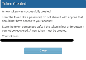 Once the token is created for the selected event, a popup confirms token creation and displays the token.