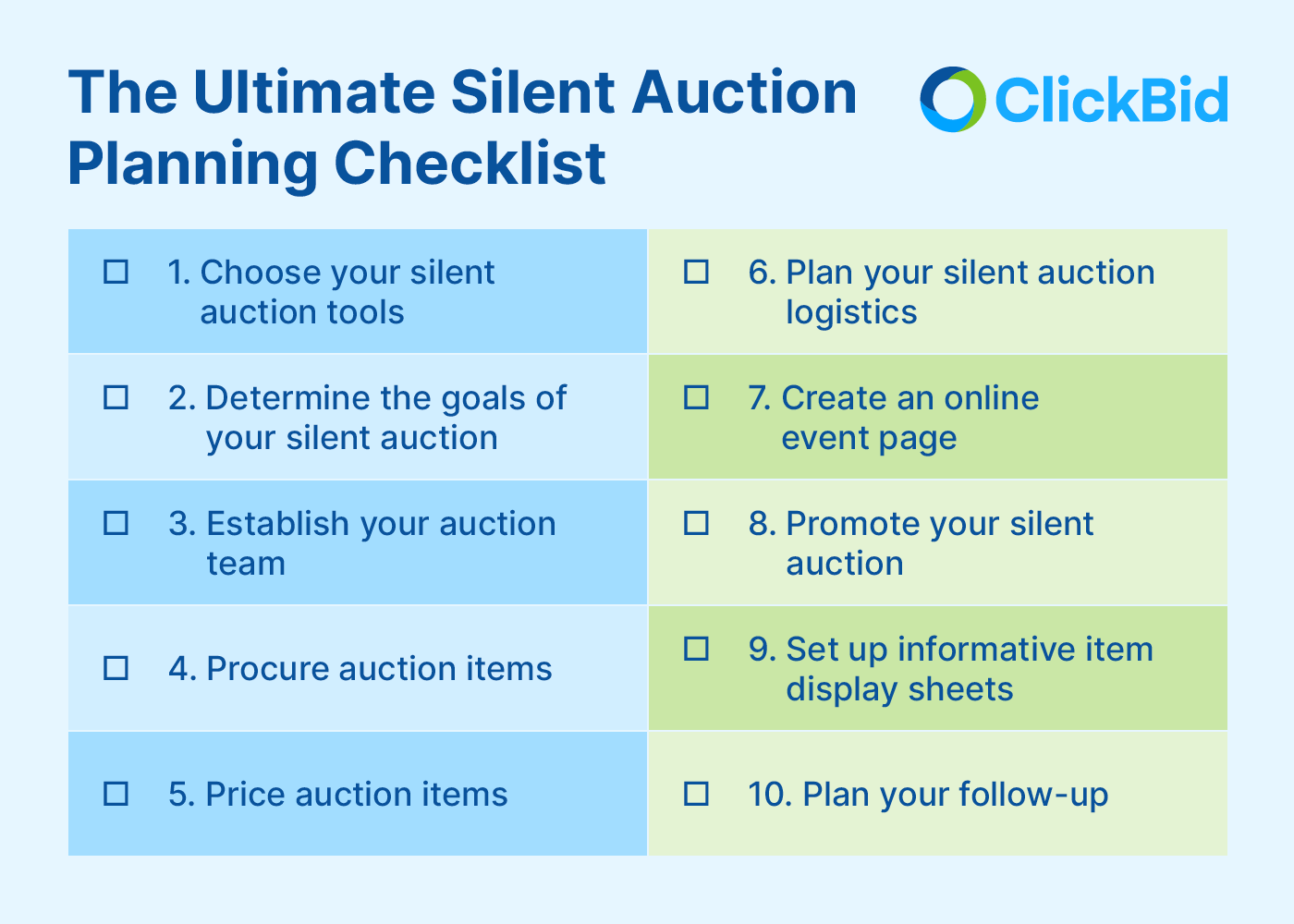 Ten steps nonprofits should follow to plan a silent auction, which are explained in the text below.