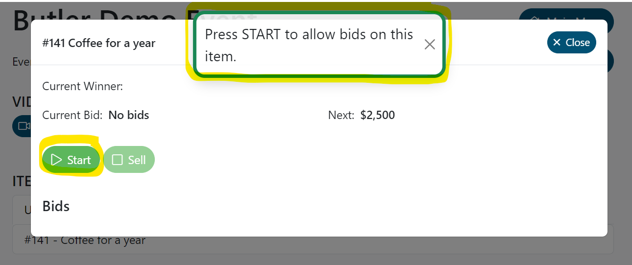 'Press START to allow bids on this item' will appear for a few seconds. 