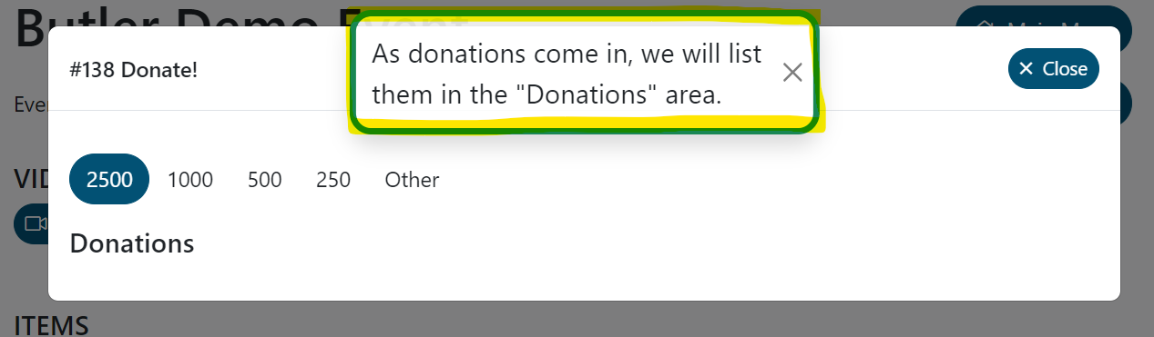 Donation Items: after clicking on a donation item a message displays: "As donations come in, we will list them in the "Donations" area."