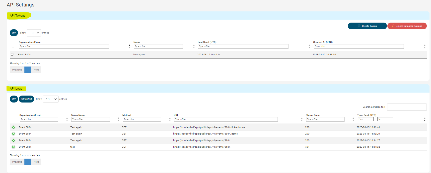 View the API logs and download CSV reports.